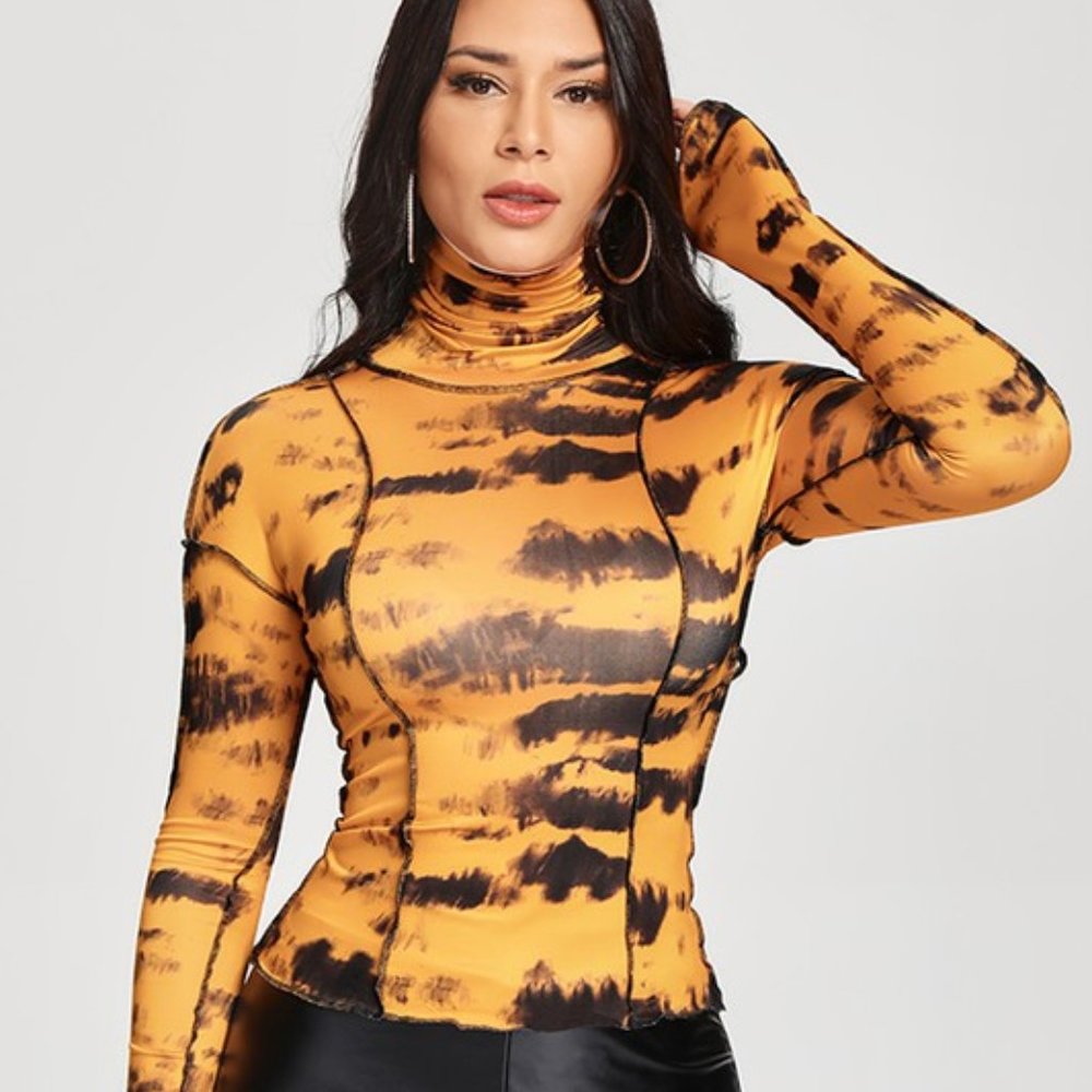 Women's Black & Orange Wild Tiger Print Long Sleeve Tie Dye Turtleneck Top - Picture 4 of 6